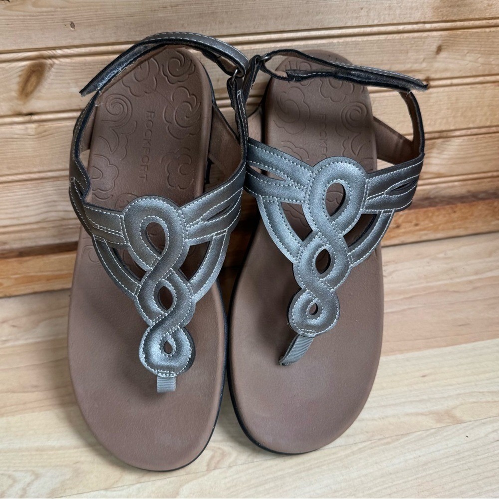 Rockport Sandals Wedge Ramona 8.5 Pewter Metallic Grey Flip Flop BBQ Brunch